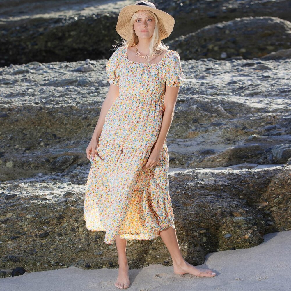 Floral ivory midi dress- bohemian long dress, vacation, dating dress